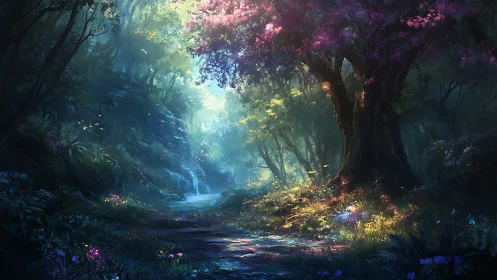 Digital forest scene with layered luminosity and chromatic foliage