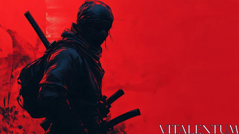 Stealth-clad ninja silhouette with dual katanas on red field