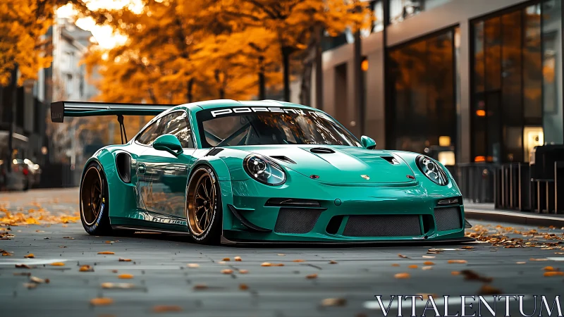 Turquoise race Porsche stands bold under fiery autumn trees