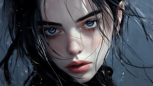 Storm-eyed girl in painterly close-up, caught mid-thought.