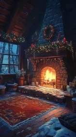 Snowy cabin interior shows lit stone fireplace and decor