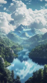 Vertical digital landscape shows mountains, lake and clouds