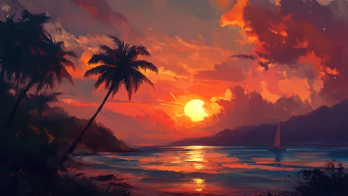 Tropical sunset chorus with leaning palms and lone sailboat.