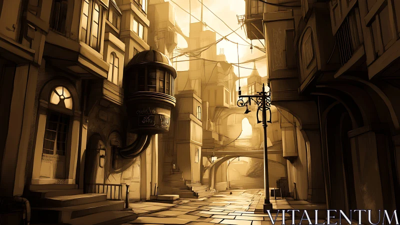 Sunlit Dystopian Alley with Towering Architecture and Lampposts