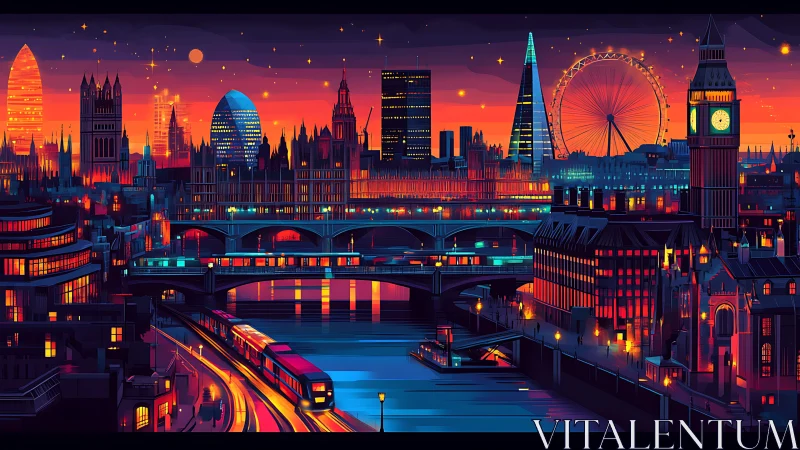 Neon dusk London skyline with bridges, train and river reflections.