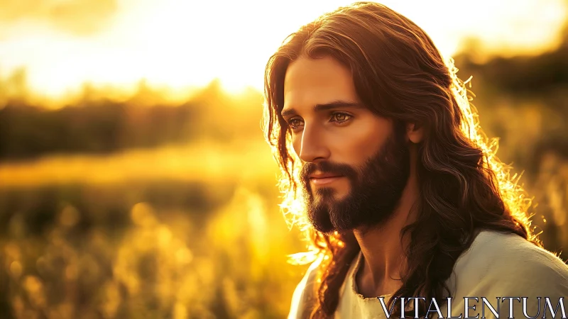 Photorealistic serene portrait in glowing backlit sunset field.