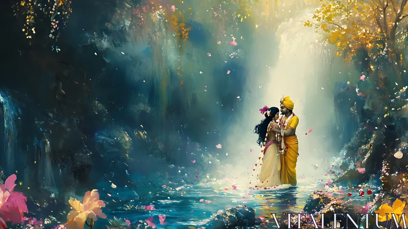 Two figures in golden robes within an ethereal garden corridor.