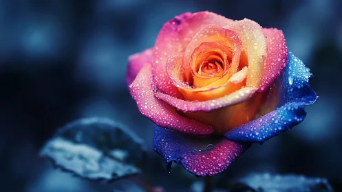 Chromatic macro study of dew-laden tricolor rose bloom.