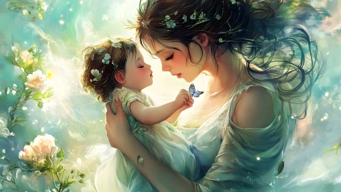 Digital painting of ethereal mother and child in floral light.