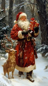 Snowy forest Santa carries a bright red gift with delight