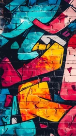 Angular neon graffiti abstractions energize textured brick wall