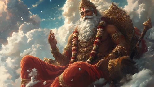 Seated bearded deity on ornate throne amid dense clouds
