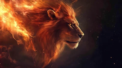 Fire crowned lion profile burns through cosmic shadow.