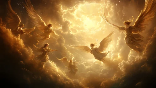 Radiant angels ascending through luminous golden clouds