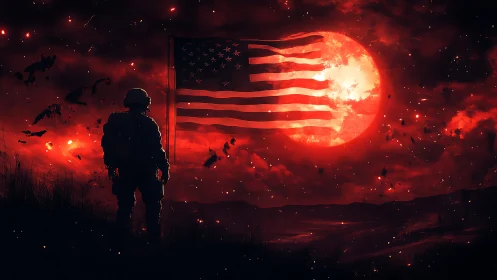 Soldier silhouette before US flag and red lunar backdrop.