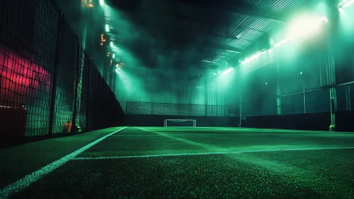Floodlit indoor turf field hums under neon misty stillness