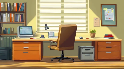 Sunlit home office workstation with wooden desk and bookshelves