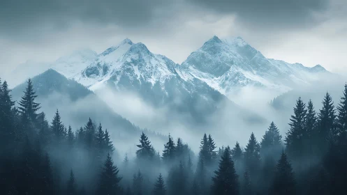 Glaciated alpine ridge with conifer silhouettes in low stratiform fog.
