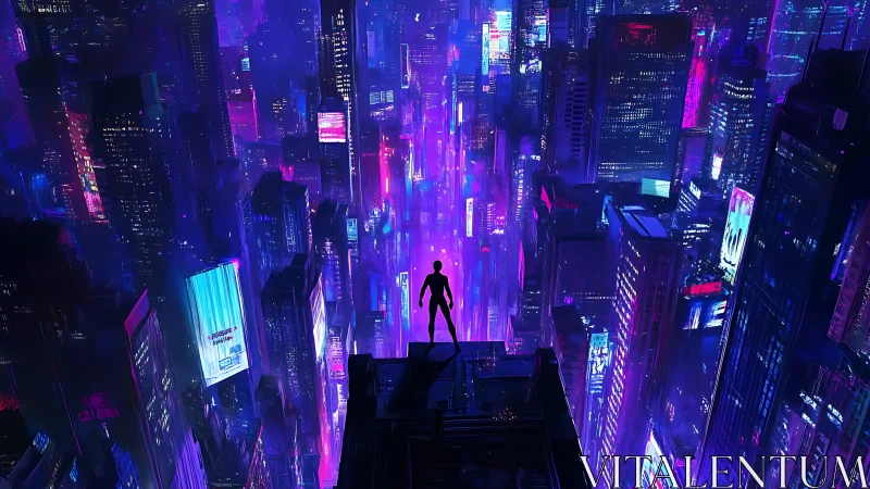 Cyberpunk neon skyline with silhouetted rooftop observer perspective.
