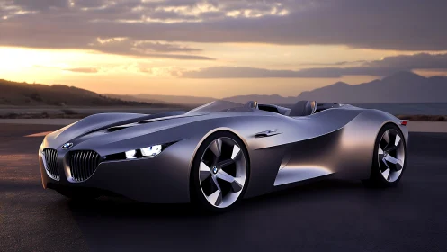 Silver BMW roadster concept parked on coastal highway.