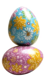 Glossy floral-patterned decorative eggs in balanced vertical stack.