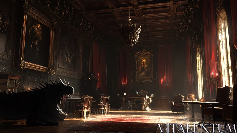 Dark dragon lurking in ornate baroque throne room interior.