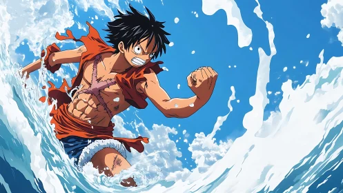 Joyful sea sprint with a determined anime adventurer.