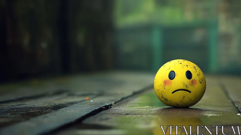Sad yellow ball on wet pavement in muted outdoor setting.