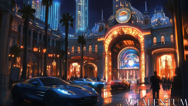 Futuristic luxury casino entrance glows over sleek supercars