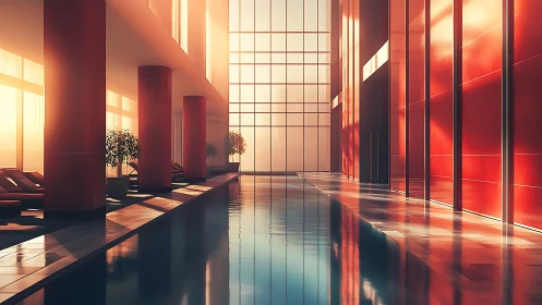 Sunlit indoor pool reflects warm modern architectural lines