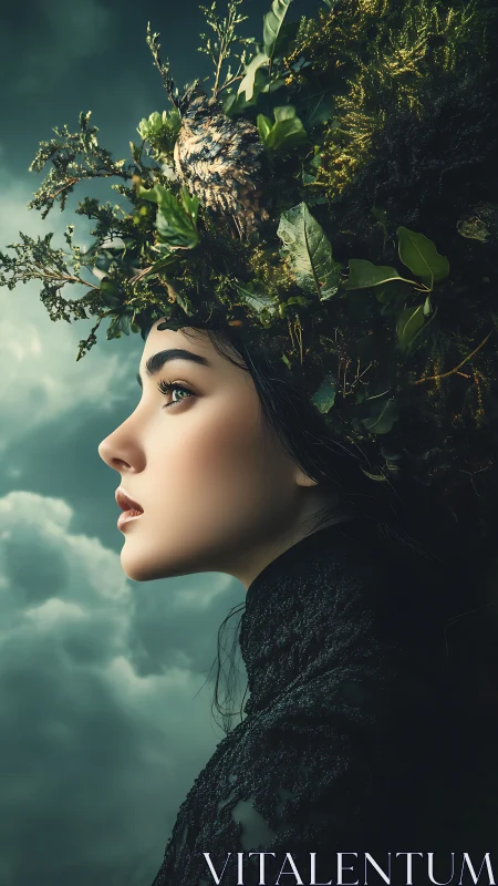 Profile portrait with botanical headpiece against cloudy sky.