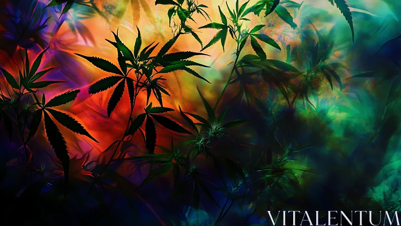 Chromatic cannabis foliage silhouetted against spectral nebulae.