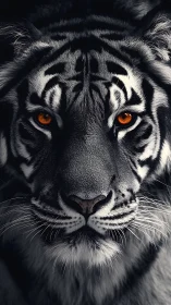 Tiger face fills frame with sharp stripes and bright eyes