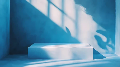 Minimalist blue interior with rectangular plinth and window light