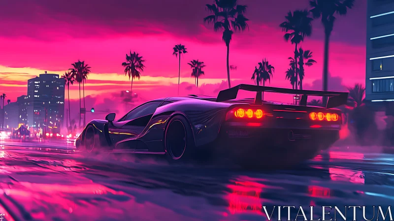 Aerodynamic hypercar in neon-soaked coastal boulevard dusk.