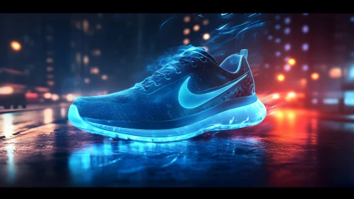 Futuristic Nike Running Shoe Glowing on Neon City Street at Night.