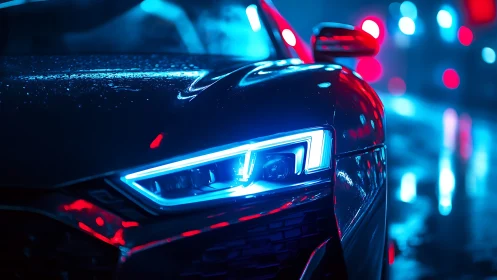 Neon predator car prowling through electric midnight rain.
