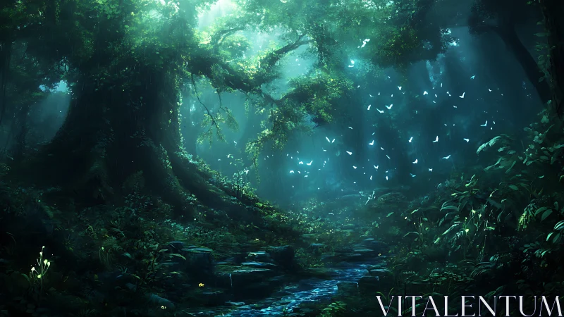 Undergrowth Scene With Stream And Atmospheric Light Diffusion.