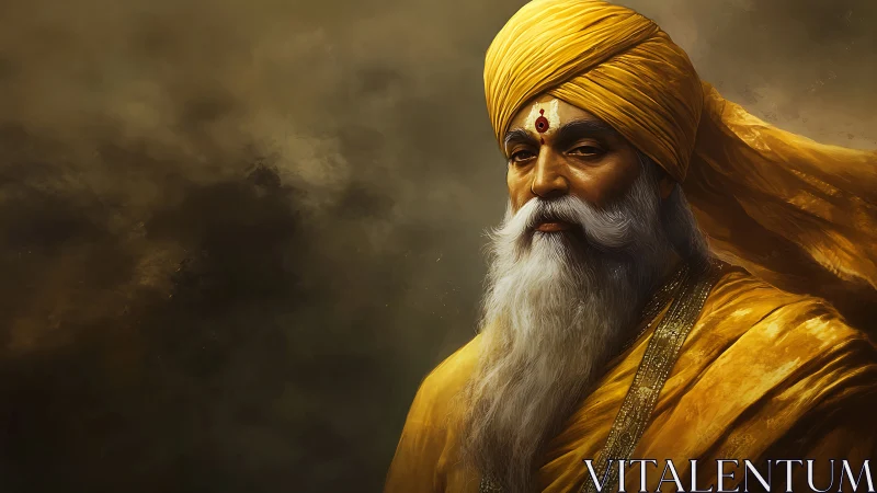 Golden-robed elder steadies stormy skies with quiet fire