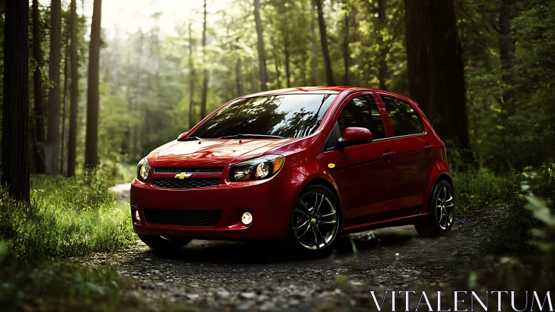 Bright red compact car pauses on a sunlit forest trail