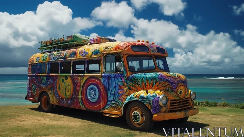 Psychedelic beach bus glows under vivid tropical daylight.