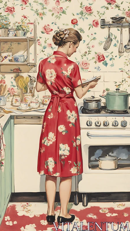 Retro homemaker in floral kitchen, red dress illustration.