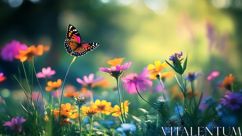 High-bokeh meadow scene isolates monarch butterfly in vivid flight