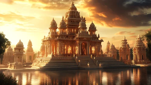 Sunlit temple complex with reflective water foreground