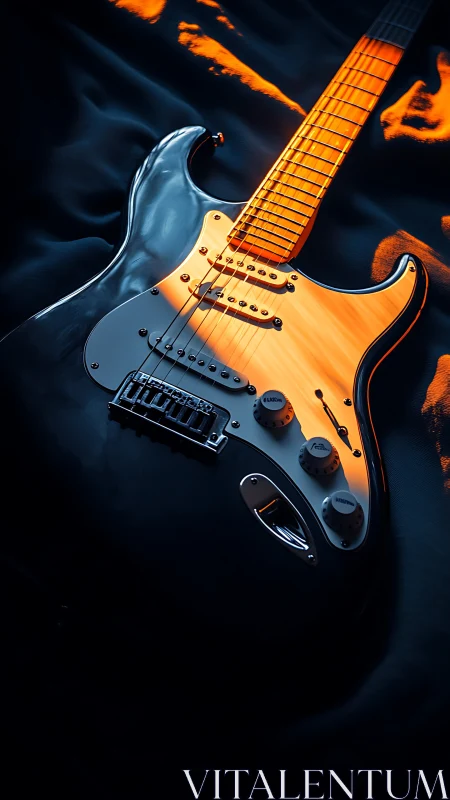 Electric guitar on dark fabric with warm light reflection.
