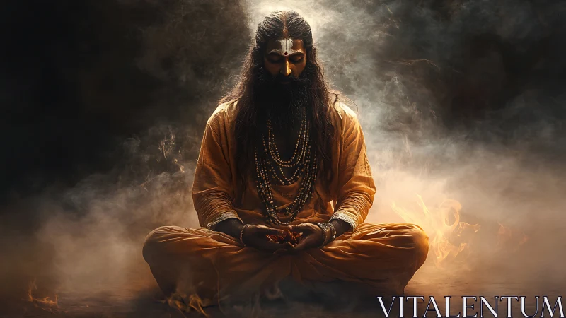 Mystic yogi in firelit trance amid swirling sacred smoke.