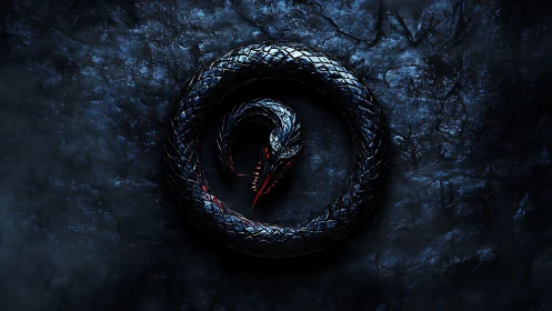 Dark coiled serpent forming circular symbol on stone