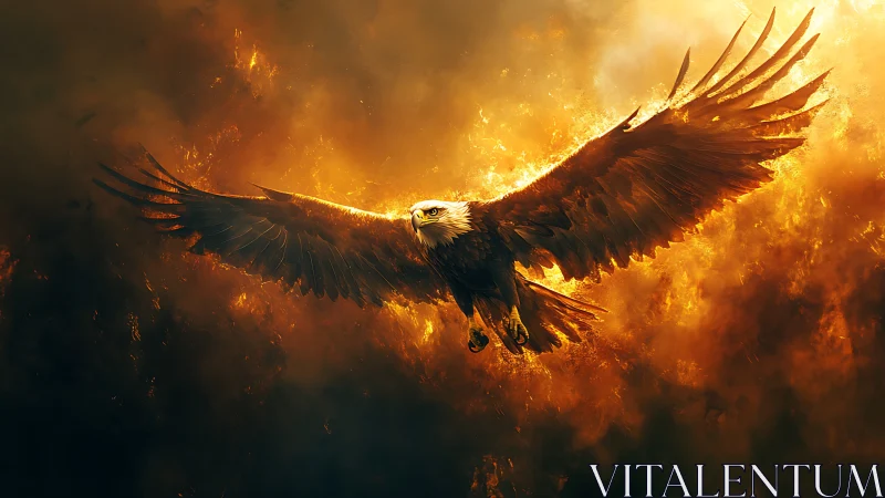 Majestic Bald Eagle Soaring Through Fiery Skies in Dramatic Art.