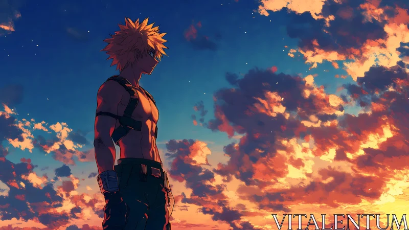 Sunlit anime warrior silhouetted against blazing sunset sky.