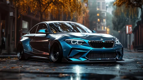 Midnight-blue street rocket hums beneath autumn city lights